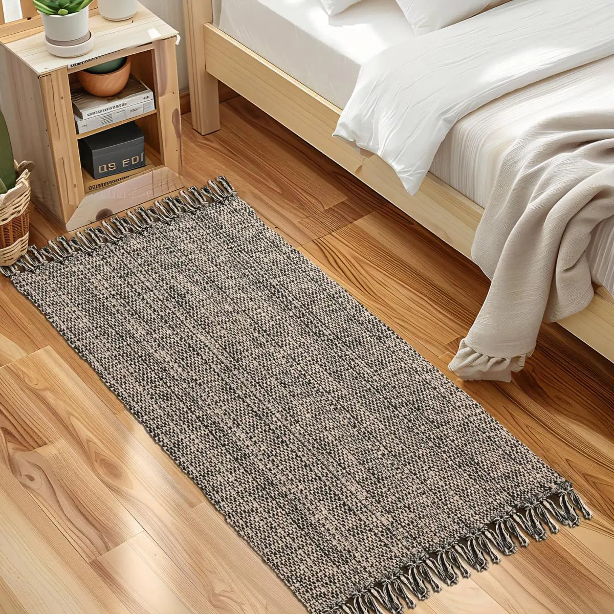 Kitchen Runner Rug 2 x 4.3 Hand-Woven Reversible Washable Bathroom Rug with Tassels Natural/Black Cotton Braided Boho Farmhouse Rug Hallway Throw Carpet for Foyer Bedroom Entry Back Door