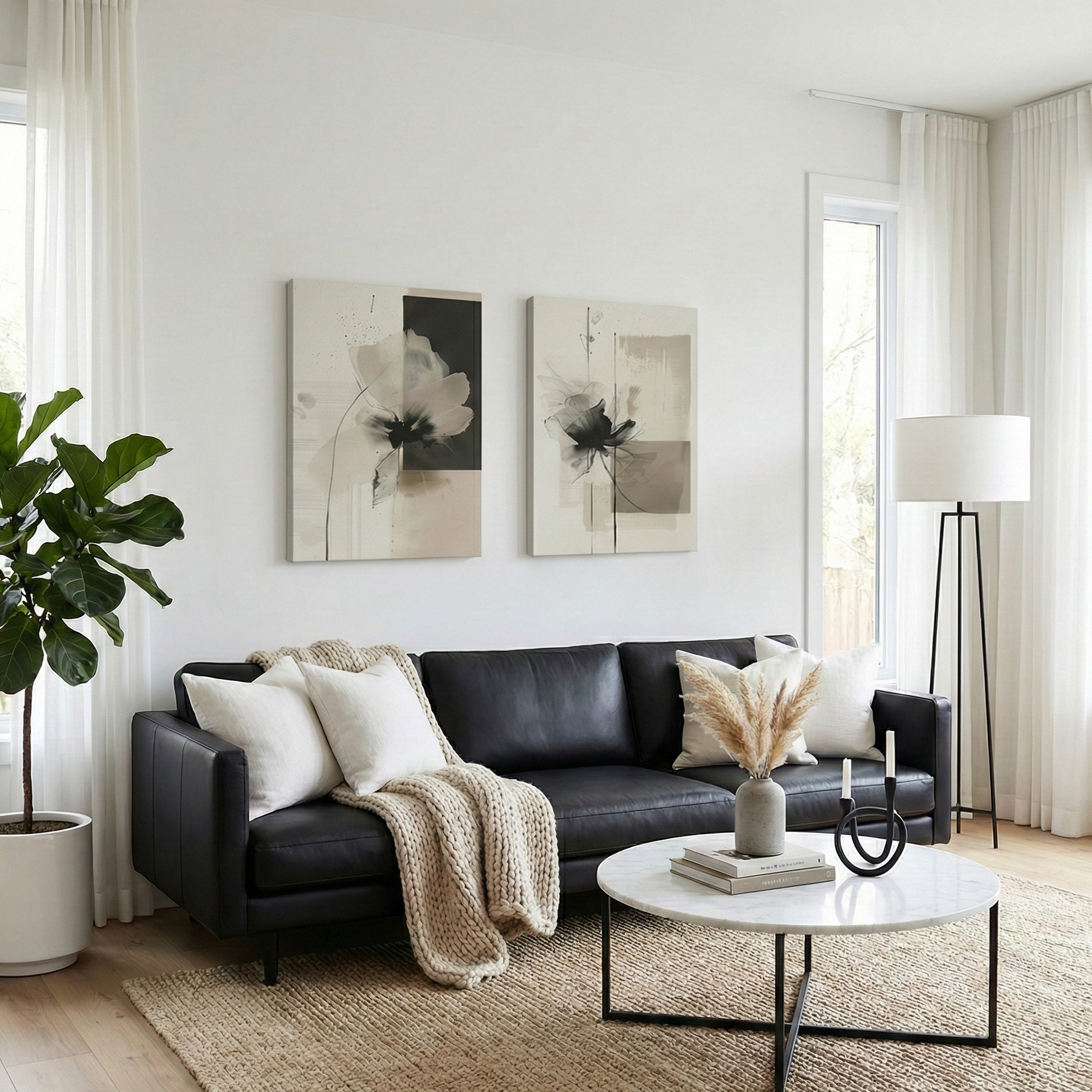 Canvas Beige Black Wall Art Floral Pictures