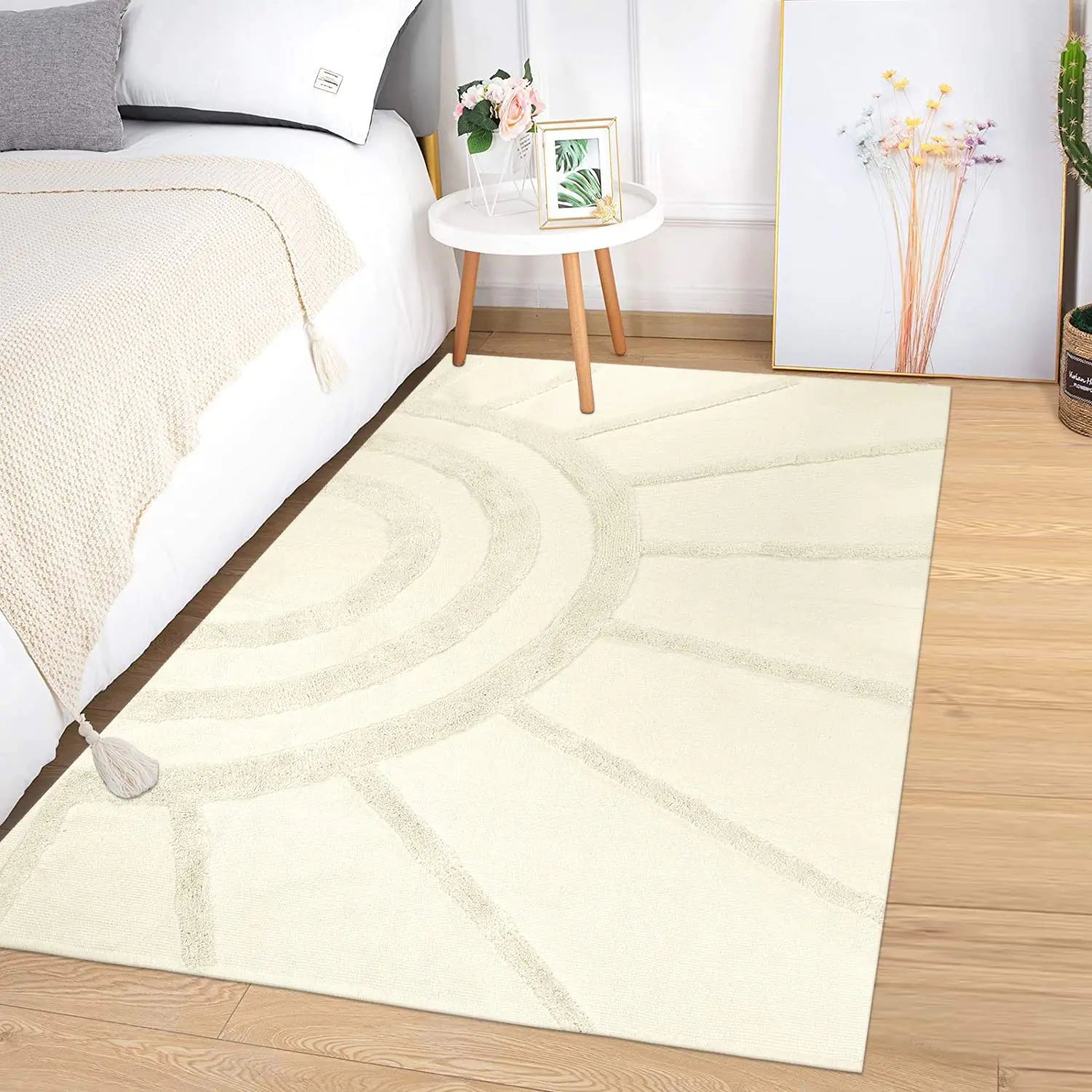 OJIA Boho Area Rug 4 X 6 Tufted Cotton Living Room Rug Hand Woven Machine Washable Rugs Farmhouse Tribal Sun Rug Floor Carpet Accent Rugs for Bedroom Nursery Room Dining Room